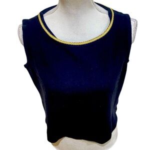 St John sleeveless Santana wool knit cropped top black gold trim size medium